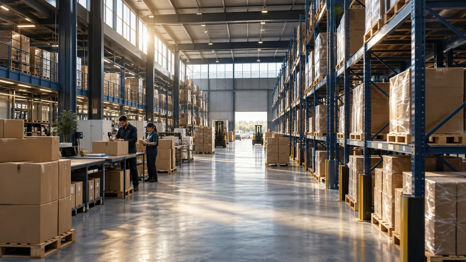 Illustrative distribution center with organized inventory and an operations team