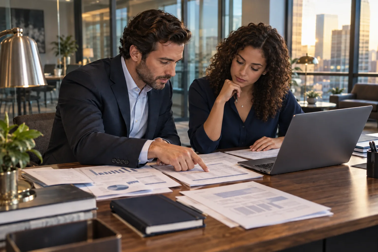 Illustrative finance professionals reviewing reconciliation documents