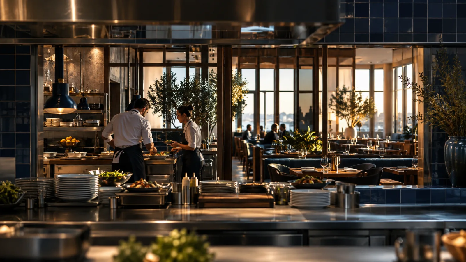 Illustrative restaurant team preparing for service in a contemporary dining room